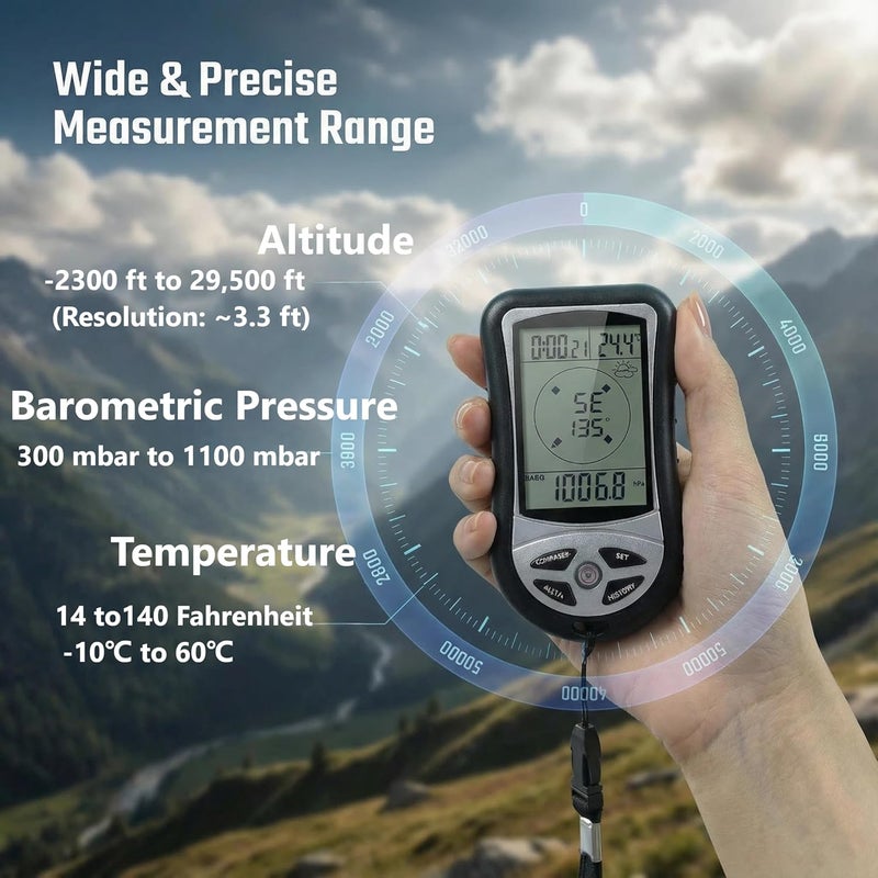 Kodrily Digital Altimeter, Digital Compass, Hiking Thermometer, Barometer 8 in 1 for Hiking Outside -2300 to 29500FT 1100MBAR, 300mbar to 1100mbar - Image 5